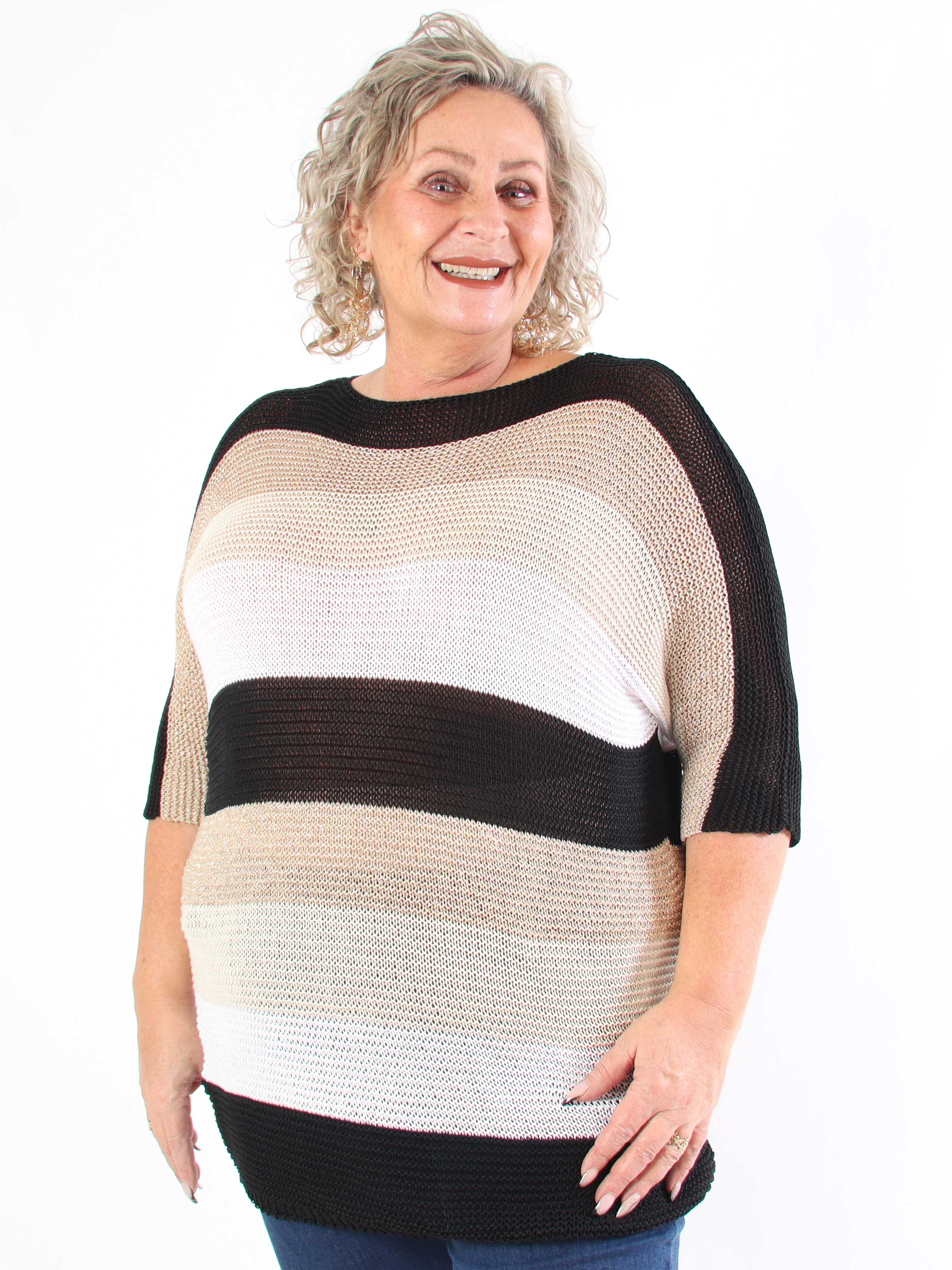 Nina Long - Stribet plus size strikkjole med glittertråde